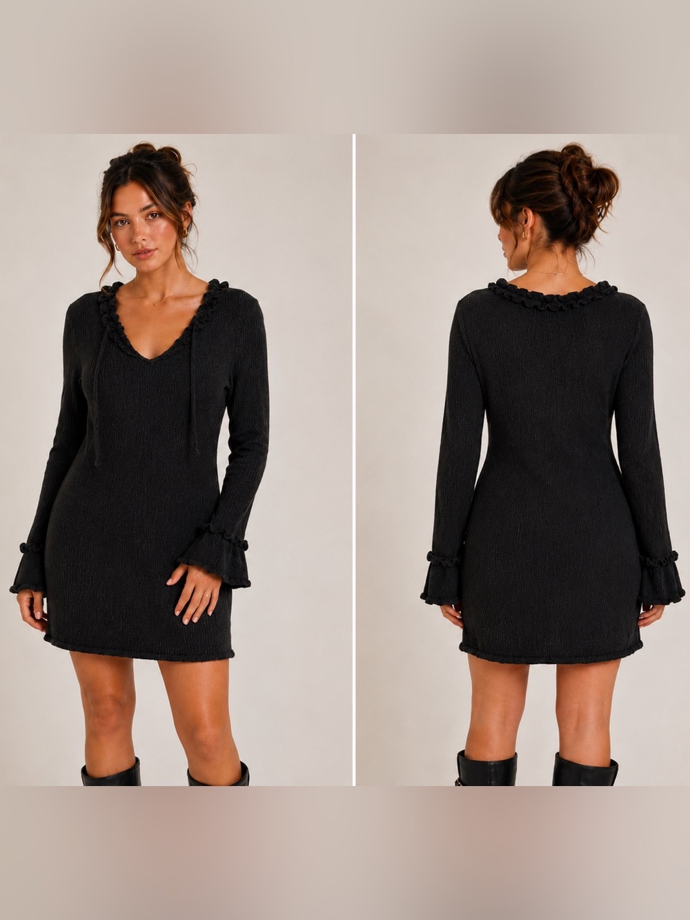 Maven West Black Textured Ruffle Trim‎ Mini Dress Size M